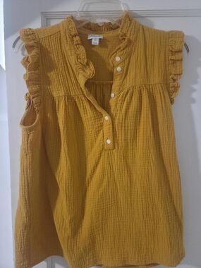 J. Crew Mustard Ruffle-Sleeve Cotton Gauze Tank